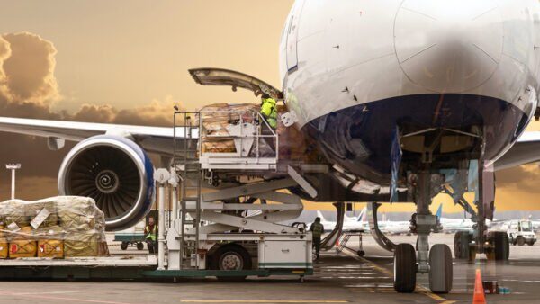 Cargo being loaded into a large passenger-cargo aircraft at an airport, representing AMML's investment in the West African Transport Sector and logistics.