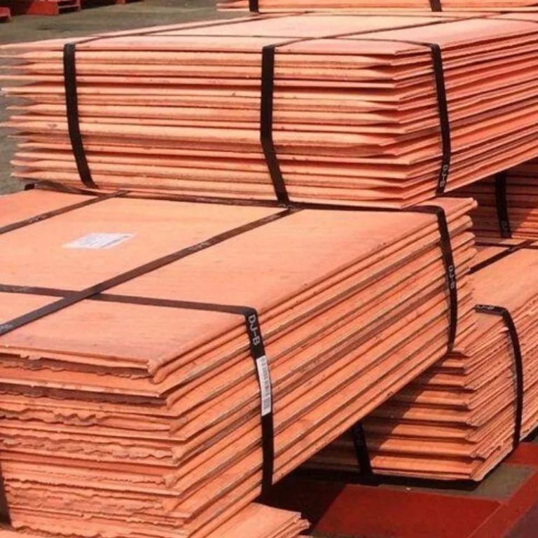 Bundles of pure copper cathodes, symbolizing AMML's investment, trade, and efficient logistics for this vital metal in the African market.