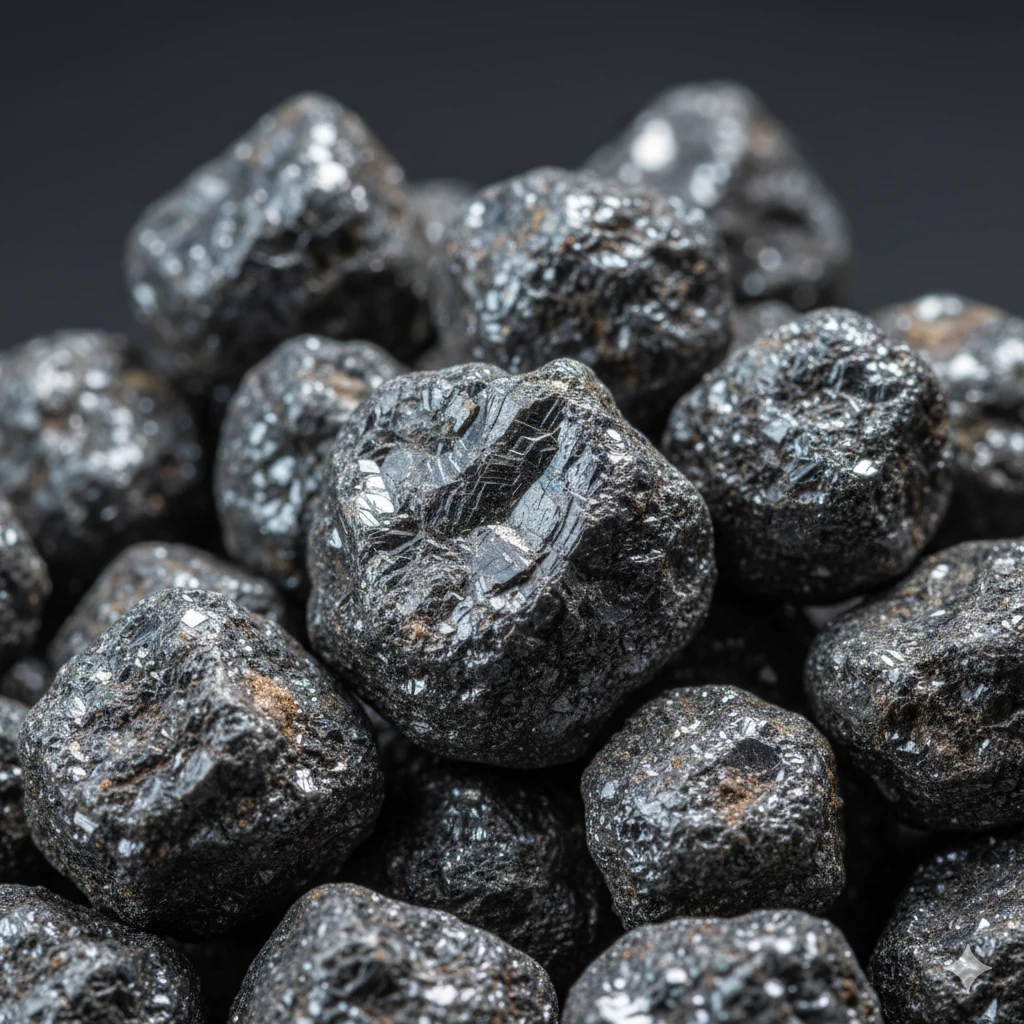 High-definition close-up of raw Coltan (Columbite-Tantalite) mineral ore, representing AMML Sierra Leone's ethical sourcing and trade of this strategic material in West Africa.