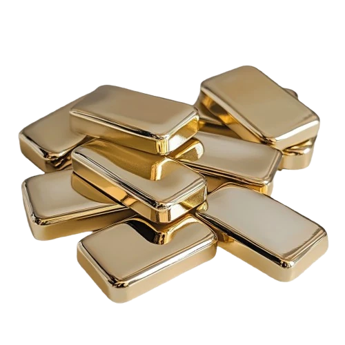 A stack of shining gold bars, symbolizing AMML's robust investment and trade in Africa's precious metal, gold.